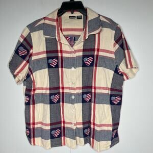 Vintage NorthCrest Women's Button Up Americana Novelty Shirt Hearts USA 18/20W